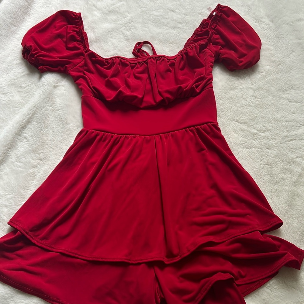 red backless romper